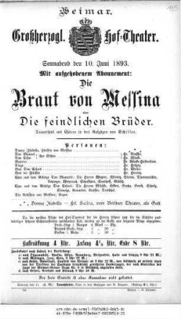 Die Braut von Messina oder Die feindlichen Brüder