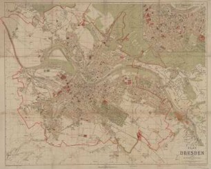 Stadtplan von Dresden, 1:15 000, Lithographie, ca. 1904 : Plan von Dresden : mit verbreiterten Straßenzügen ; nach vermessungsamtlichen Unterlagen bearbeitet. - 1:15 000. - Dresden : Meinhold , [ca. 1904]. - 1 Kt. : mehrfarb. ; 87 x 69 cm, gefaltet