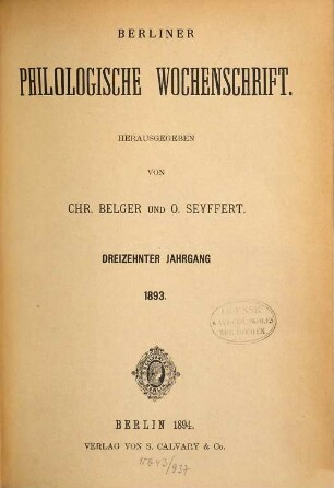 Berliner philologische Wochenschrift, 13. 1893 (1894)