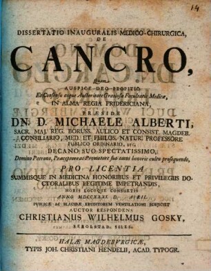 Diss. inaug. med. chir. de cancro