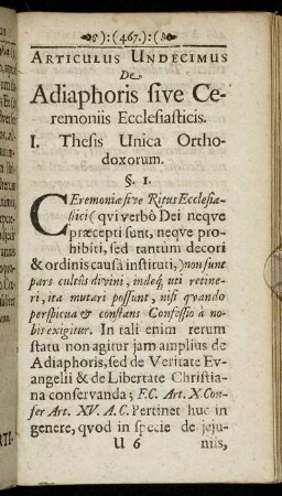 Articulus Undecimus De Adiaphoris sive Ceremoniis Ecclesiasticis.