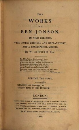 The Works of Ben Johnson : in 9 volumes, 1. ... containing Memoirs of Johnson, &c. Every man in his humor