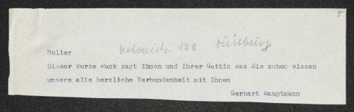 Brief von Gerhart Hauptmann an Wilhelm Buller