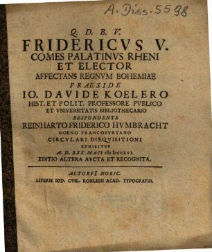 Fridericvs V. Comes Palatinvs Rheni Et Elector Affectans Regnvm Bohemiae