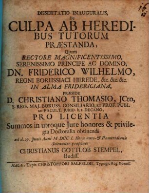 Dissertatio Inauguralis, De Culpa Ab Heredibus Tutorum Praestanda