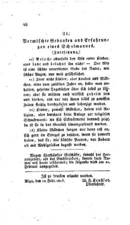 Vermischte Gedanken und Erfahrungen eines Schulmannes : (Fortsetzung) ; [21.]