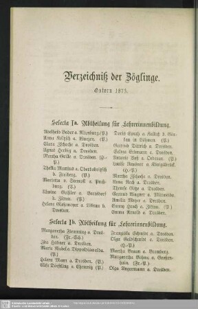 Verzeichniß der Zöglinge
