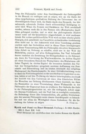 442-444 [Rezension] Bremond, Henri, Mystik und Poesie