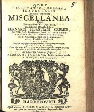 Disputatio Juridica Inauguralis Quædam continens Miscellanea