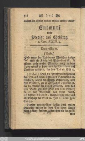 Entwurf einer Predigt auf Christtag 2 Sm. XXIII. 4.