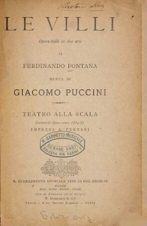 Le villi : opera-ballo in due atti ; Teatro Regio, Torino, carnevale - quaresima 1884 - 85