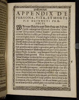 Appendix De Persona, Vita, Et Morte Pie Defuncti Praefecti