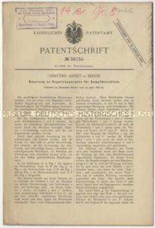 Patentschrift einer Neuerung an Regulierapparaten für Dampfmaschinen, Patent-Nr. 38134