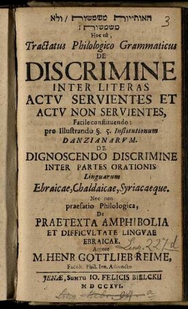 Hā-Ōtījjōt mišmašōt, we-lō mišmašōt Hoc est, Tractatus Philologico Grammaticus De Discrimine Inter Literas Actu Servientes Et Actu Non Servientes : Facile constituendo: pro Illustrando § 5. Institutionum Danzianarum. De Dignoscendo Discrimine Inter Partes Orationis Linguarum Ebraicae, Chaldaicae, Syriacaeque ; Nec non praefatio Philologica, De Praetexta Amphibolia Et Difficultate Linguae Ebraicae