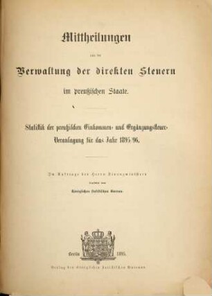 Statistik der preußischen Einkommensteuer-Veranlagung : für das Steuerjahr .... 1895/96 (1895)