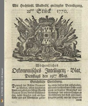 22tes Stueck, Dienstags den 29ten May 1770