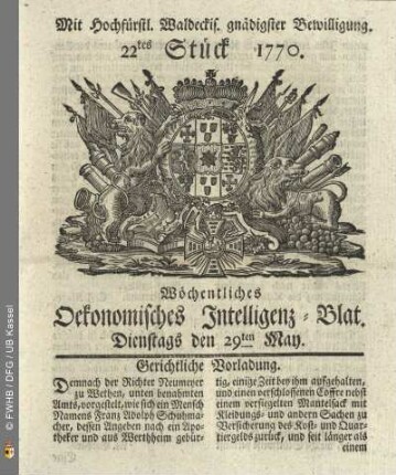 22tes Stueck, Dienstags den 29ten May 1770