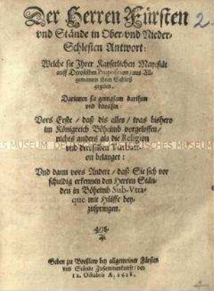 Schreiben der Ober- und Niederschlesischen Stände an Kaiser Matthias wegen der Unruhen in Böhmen