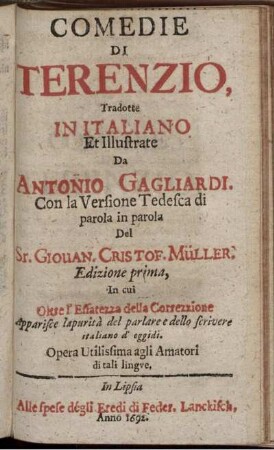 Comedie di Terenzio : Opera Utilissima agli Amatori di tali lingue