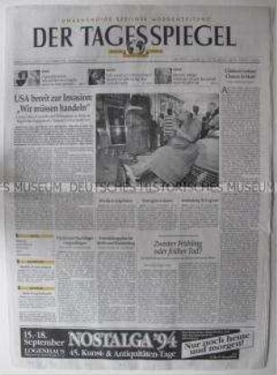 Fragment der Berliner Zeitung "Der Tagesspiegel" u.a. zur Rede von US-Präsident Clinton anlässlich der Situation in Haiti