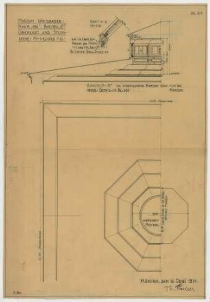 Fischer, Theodor; Wiesbaden; Museum - Bauteil e_n Raum 109 - Oberlicht u. Decke (Teilansicht, Schnitte)