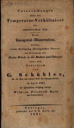 Untersuchungen über die Temperatur-Verhältnisse der schwäbischen Alp