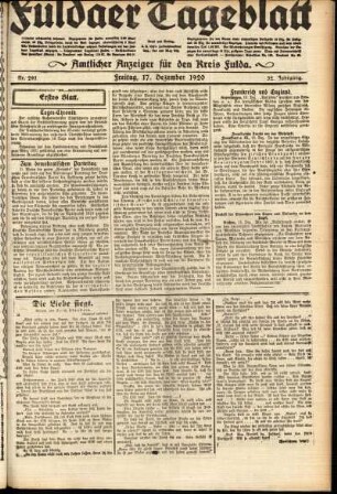 Erste Ausgabe vom Freitag, den 17. Dezember 1920.