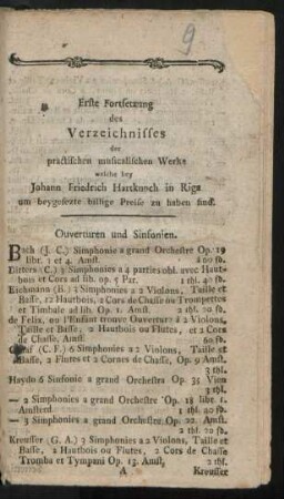 Erste Fortsetzung des Verzeichnisses der practischen musicalischen Werke welche bey Johann Friedrich Hartknoch in Riga um beygesezte Preise zu haben sind