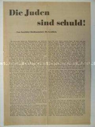 Flugblatt mit einem Artikel von Goebbels, in dem er den Juden die Schuld am Ausbruch des Krieges gibt