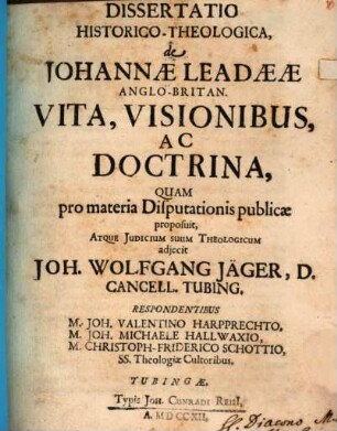 Diss. hist.-theol. de Johannae Leadaeae ... vita, visionibus ac doctrina : acc. nucleus theologiae mysticae Mad. de Gyon ; isque multis passim vermibus erosus