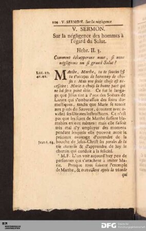 V. Sermon. Sur la négligence des hommes à l'égard du Salut.