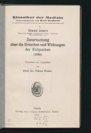 Untersuchung über die Ursachen und Wirkungen der Kuhpocken (1798)