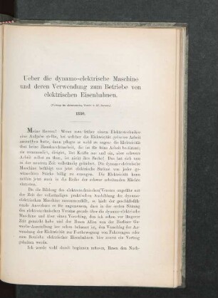 Ueber die dynamo-elektrische Maschine und deren Verwendung zum Betriebe von elektrischen Eisenbahnen ... 1880