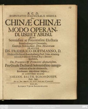 Disputatio Inauguralis Medica De Chinae Chinae Modo Operandi, Usu Et Abusu
