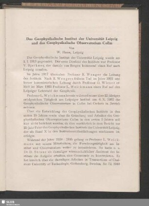Das Geophysikalische Institut der Universität Leipzig und das Geophysikalische Observatorium Collm