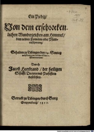 Ein Predig von dem erschrockenlichen Wunderzeichen am Himmel, dem newen Cometen