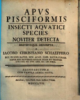 Apus Pisciformis : Insecti Aquatici Species Noviter Detecta Brevibvsque Descripta