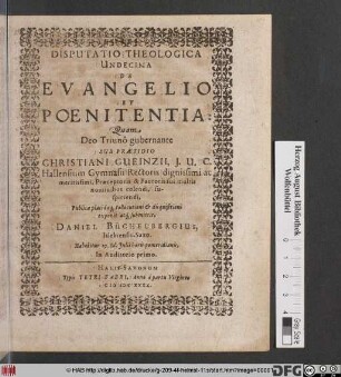 Disputatio Theologica Undecima De Evangelio Et Poenitentia