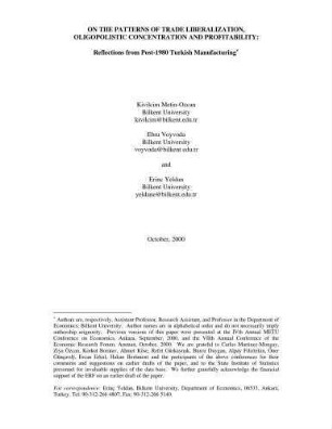 On the Patterns of Trade Liberalization, Oligopolistic Concentration and Profitability: Post-1980 Turkish Manufacturing