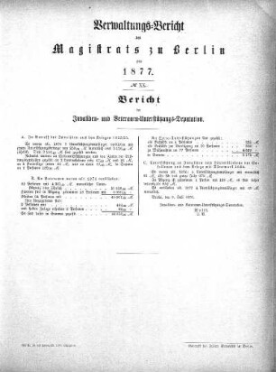 No. XX. Bericht der Invaliden- und Veteranen-Unterstützungs-Deputation