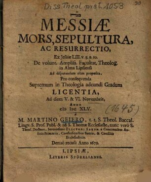 Messiae Mors, Sepultura, Ac Resurrectio, Ex Jesaiae LIII. v. 8. 9. 10.