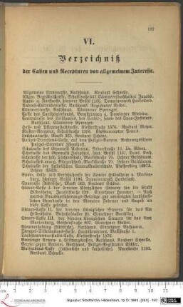 VI. Verzeichniß der Cassen und Recepturen von allgemeinem Interesse.