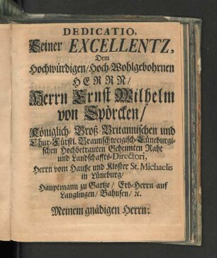 Dedicatio, Seiner Excellentz, ...