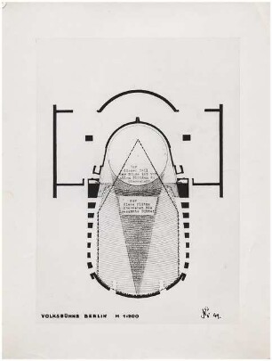 Volksbühne, Berlin-Mitte Systemskizzen von Theaterinnenräumen: (Foto von Inv.Nr. 38895): Theaterinnenraumanalysen und Erläuterungstext, Grundrissschema der Volksbühne