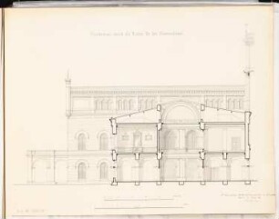 Bahnhof, Hannover Schinkelwettbewerb 1869: Querschnitt (in Höhe des Stationsdienstes); 2 Maßstabsleisten (Fuß, Meter)