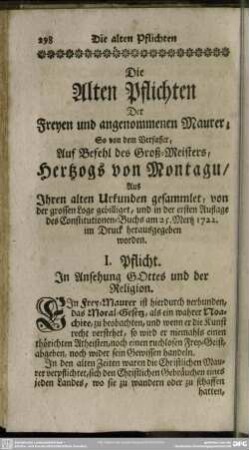 Die Alten Pflichten Der Freyen und angenommenen Maurer ...