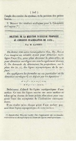 Solution de la question d'analyse proposée au concours d'agrégation de 1875.