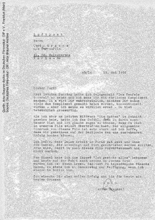 Brief von Artur Brauner an Curd Jürgens, 15.05.1955.