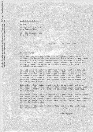 Brief von Artur Brauner an Curd Jürgens, 15.05.1955.
