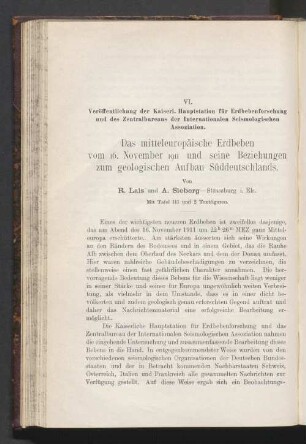 VI. Veröffentlichung der Kaiserl. Hauptstation für Erdbebenforschung und des Zentralbureaus der Internationalen Seismologisch Assoziation